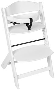 Weißer Hochstuhl aus seitlicher Perspektive mit Sicherheitsgurt