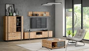 Wohnzimmermöbel-Set aus Holz mit Highboard, TV-Lowboard, Wandregal und Couchtisch in moderner Einrichtung, seitliche Perspektive