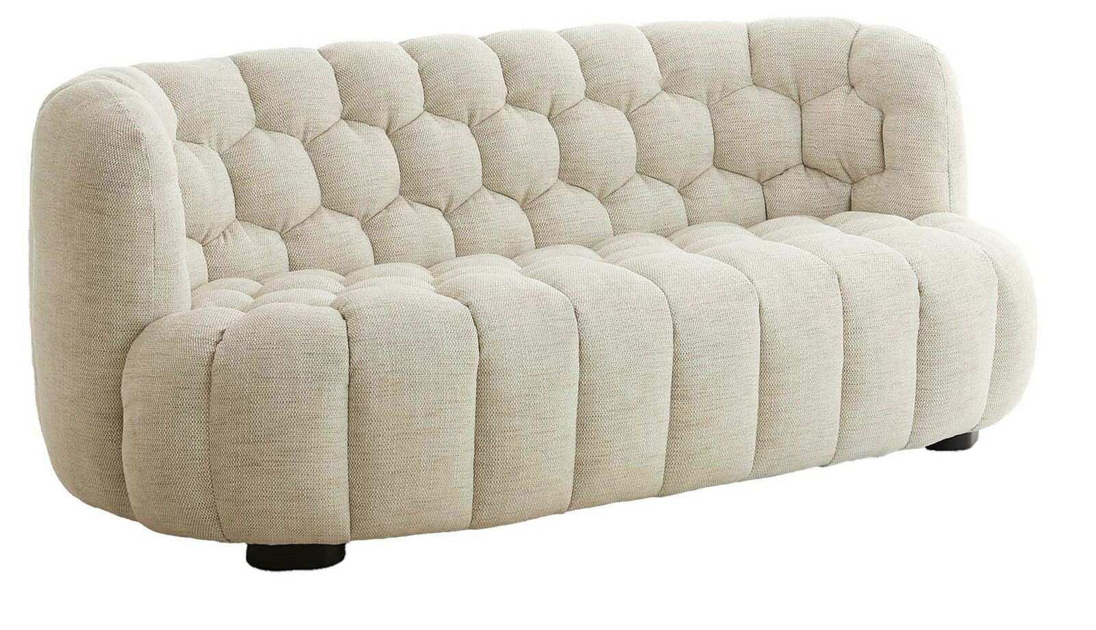 Beige Couch mit gepolstertem Design, seitliche Perspektive