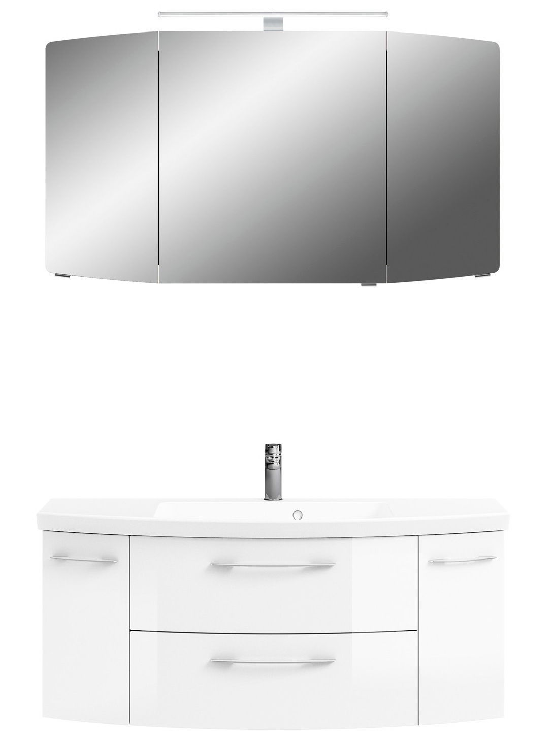 Frontale Ansicht einer modernen Badkombination mit Spiegelschrank und Waschbeckenunterschrank in Weiß.