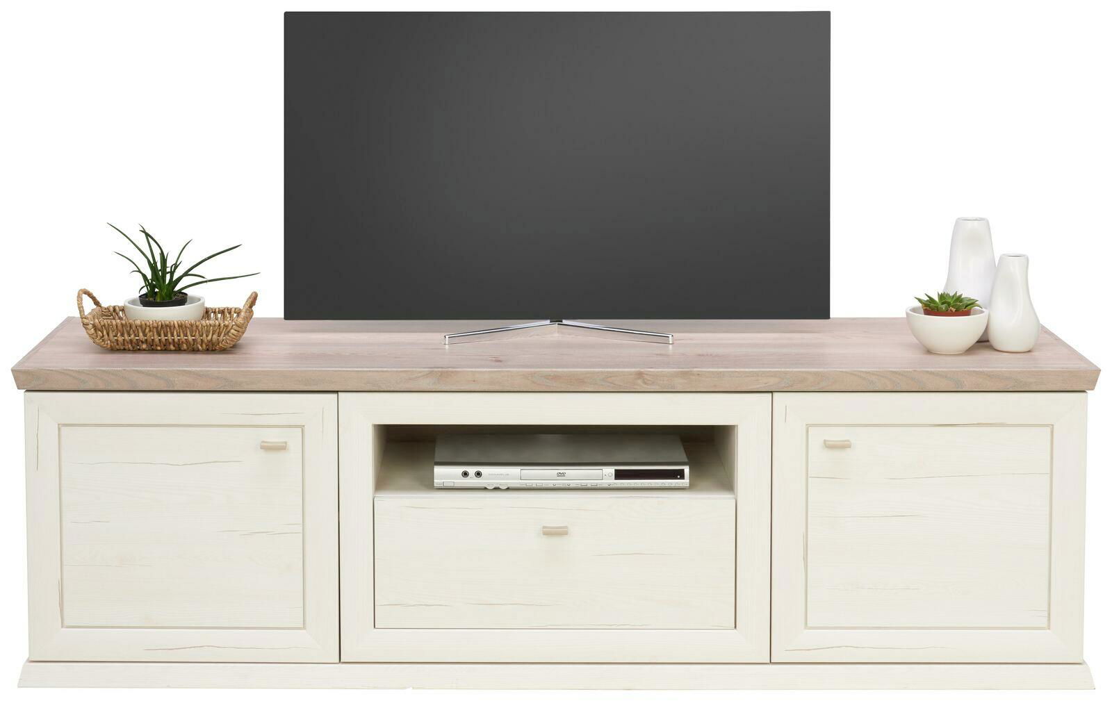 Frontale Ansicht eines TV-Lowboards der Serie Camron/Benton mit hellem Holzfinish, zwei Türen, einem offenen Fach mit DVD-Player und dekorativen Elementen auf der Oberseite.