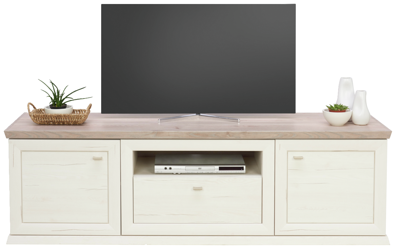 Frontale Ansicht eines TV-Lowboards der Serie Camron/Benton mit hellem Holzfinish, zwei Türen, einem offenen Fach mit DVD-Player und dekorativen Elementen auf der Oberseite.