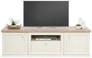 Frontale Ansicht eines TV-Lowboards der Serie Camron/Benton mit hellem Holzfinish, zwei Türen, einem offenen Fach mit DVD-Player und dekorativen Elementen auf der Oberseite.
