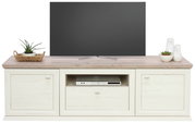 Vooraanzicht van een tv-lowboard uit de Camron/Benton-serie met een lichte houten afwerking, twee deuren, een open vak met dvd-speler en decoratieve elementen aan de bovenkant.