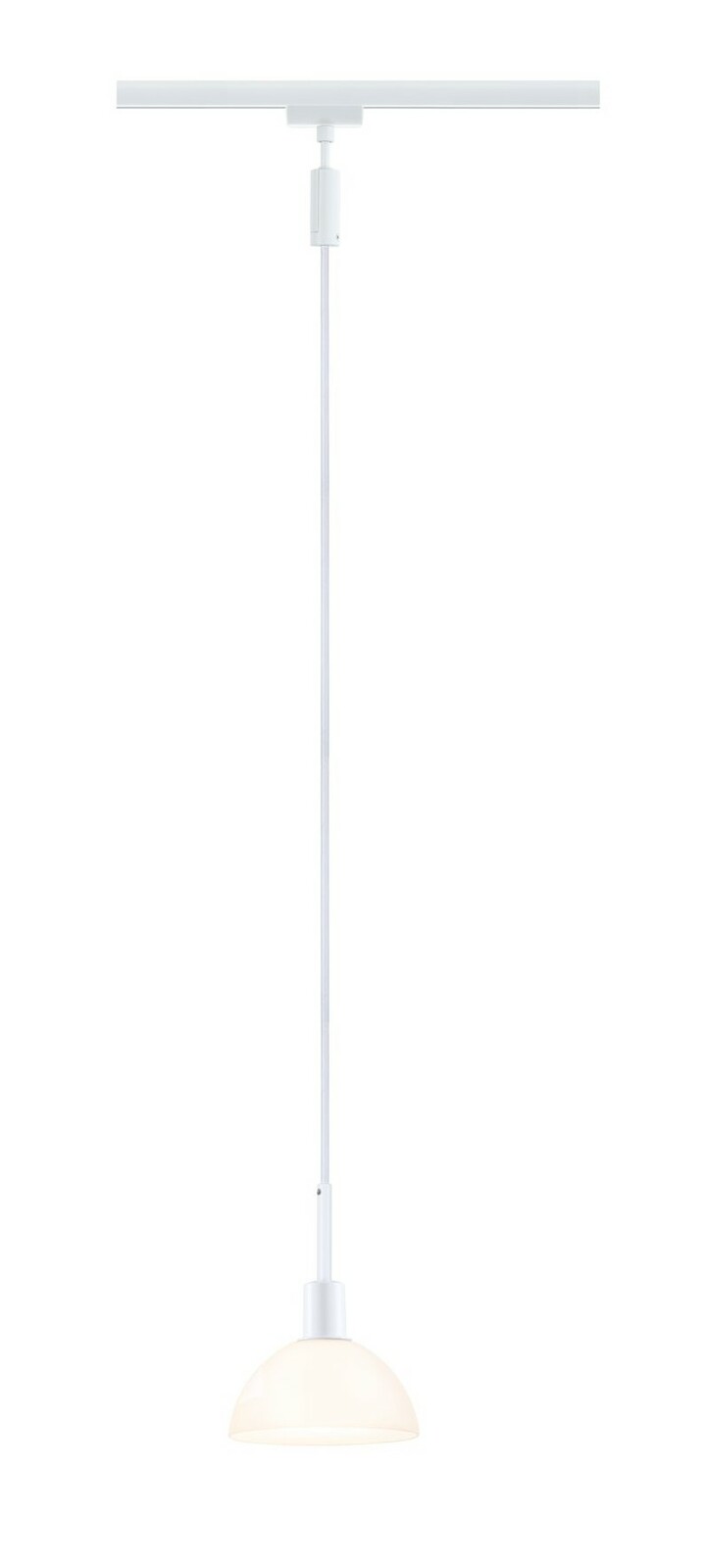 Weißes Schienenpendel Sarrasani von PAULMANN, seitliche Ansicht, mit schlichtem, modernem Design und glattem, halbkugelförmigem Lampenschirm.