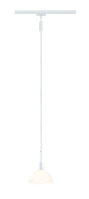 Weißes Schienenpendel Sarrasani von PAULMANN, seitliche Ansicht, mit schlichtem, modernem Design und glattem, halbkugelförmigem Lampenschirm.