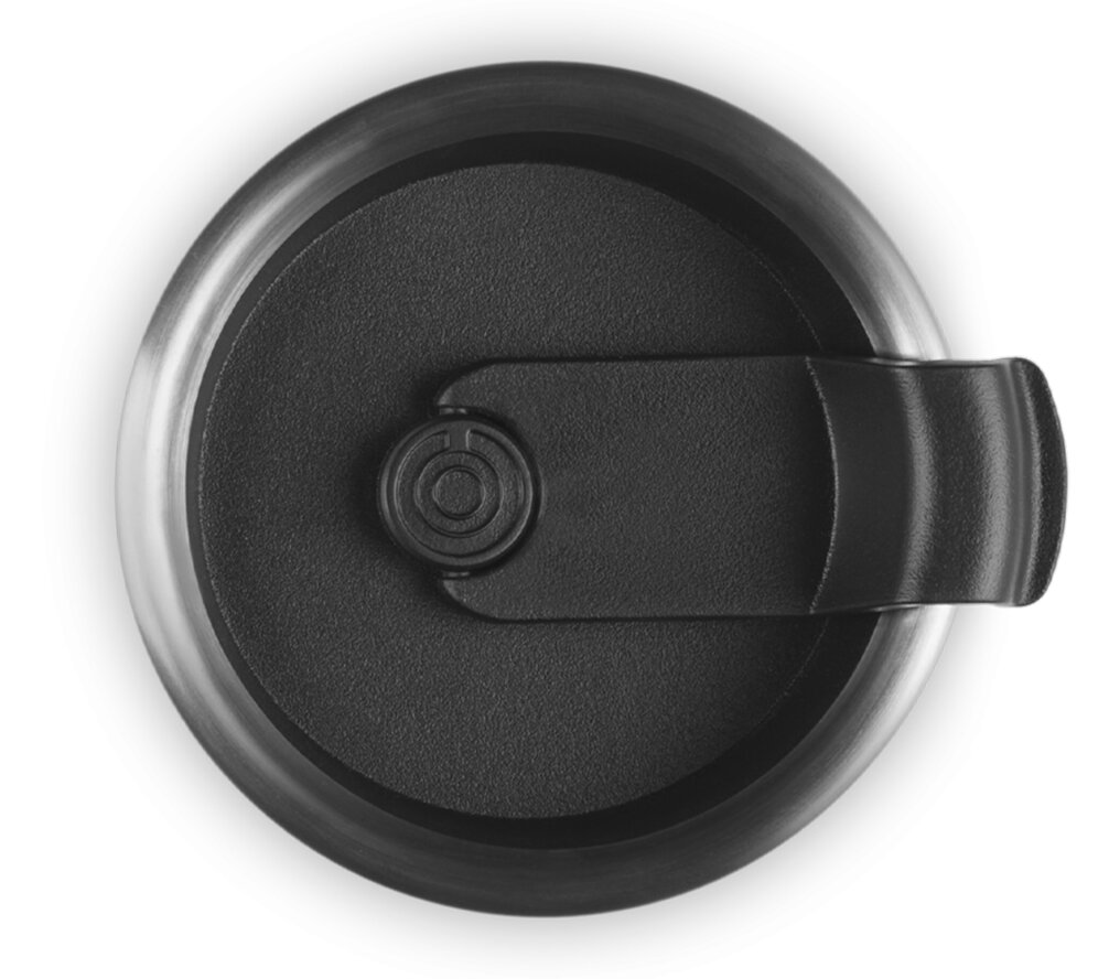 Bovenaanzicht van het deksel van een thermosbeker met een zwart sluitmechanisme.