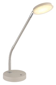 Moderne LED-Schreibtischlampe in Silber/Weiß mit flexiblem Schwanenhals und rundem Leuchtenkopf, schräg von vorn in leichter Aufsicht auf weißem Hintergrund