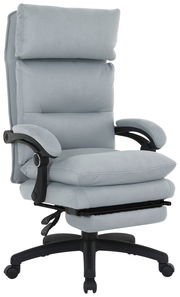 Grauer Chefsessel mit hoher Rückenlehne und gepolsterten Armlehnen, seitliche Perspektive