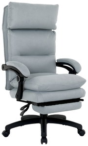 Grauer Chefsessel mit hoher Rückenlehne und gepolsterten Armlehnen, seitliche Perspektive