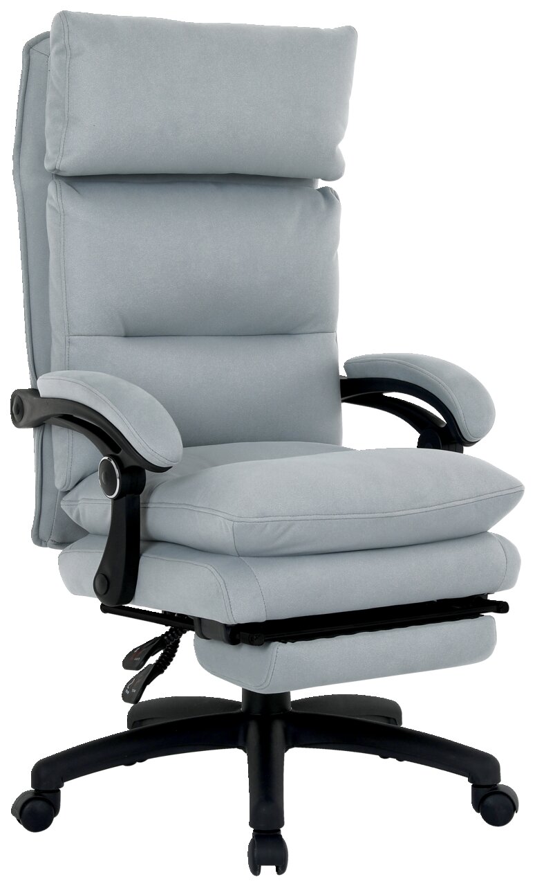 Grauer Chefsessel mit hoher Rückenlehne und gepolsterten Armlehnen, seitliche Perspektive