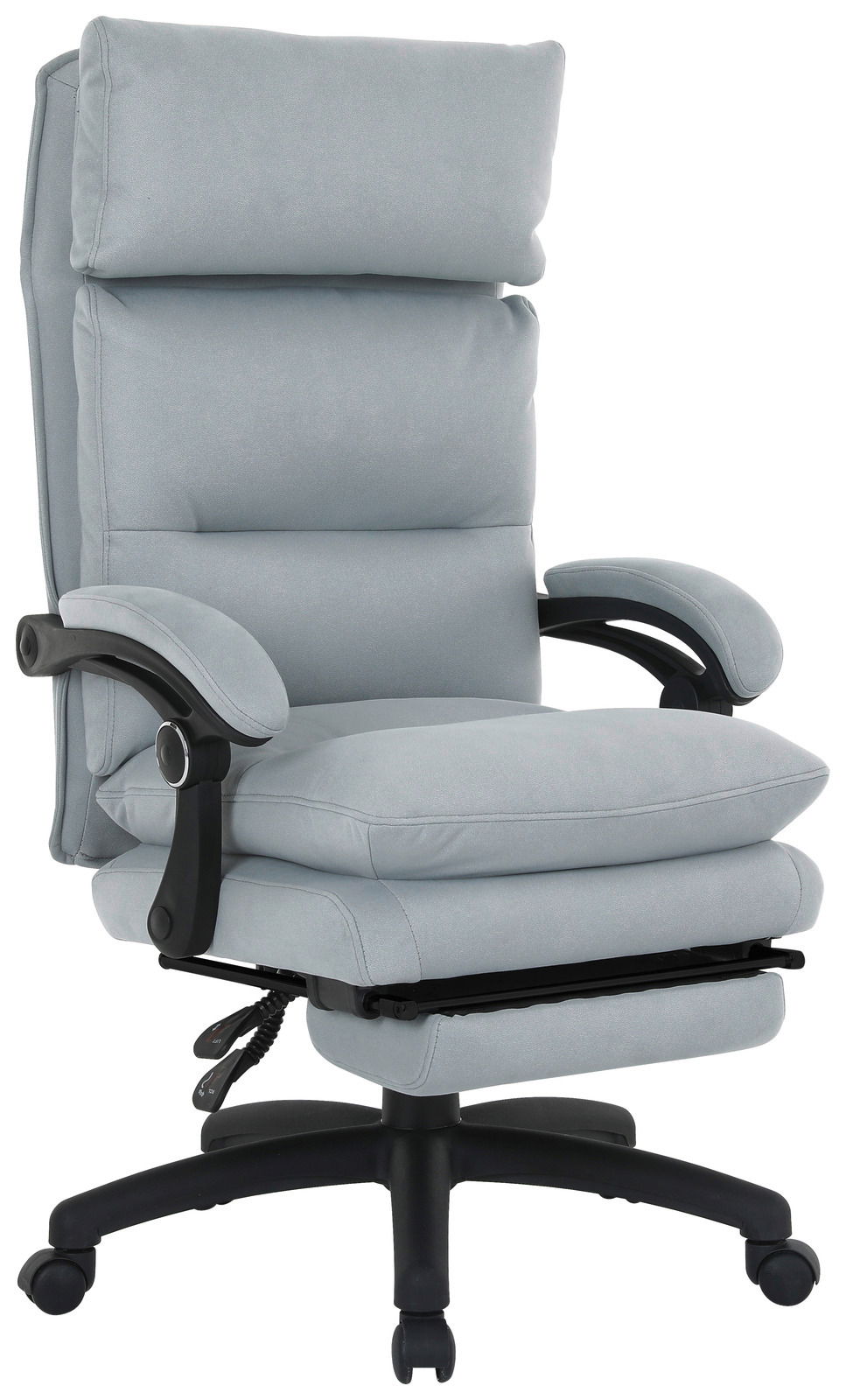 Grauer Chefsessel mit hoher Rückenlehne und gepolsterten Armlehnen, seitliche Perspektive