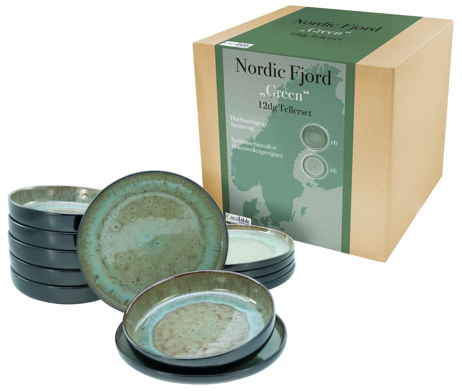 Tafelservice 12-tlg Nordic Fjord Green aus hochwertigem Steinzeug, bestehend aus sechs großen und sechs kleinen Tellern, in einer stilvollen Verpackung. Perspektive: leicht von oben.