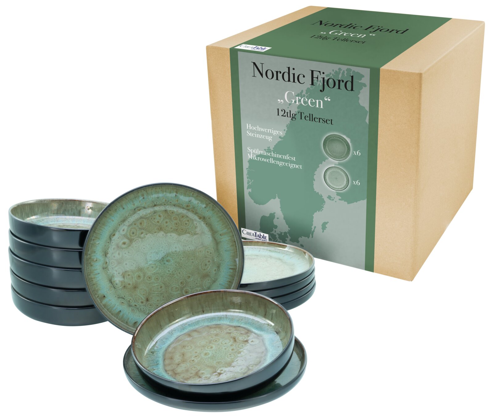 Creatable Tafelservice 12-tlg NORDIC FJORD Tafelservice 12-tlg Nordic Fjord Green aus hochwertigem Steinzeug, bestehend aus sechs großen und sechs kleinen Tellern, in einer stilvollen Verpackung. Perspektive: leicht von oben.