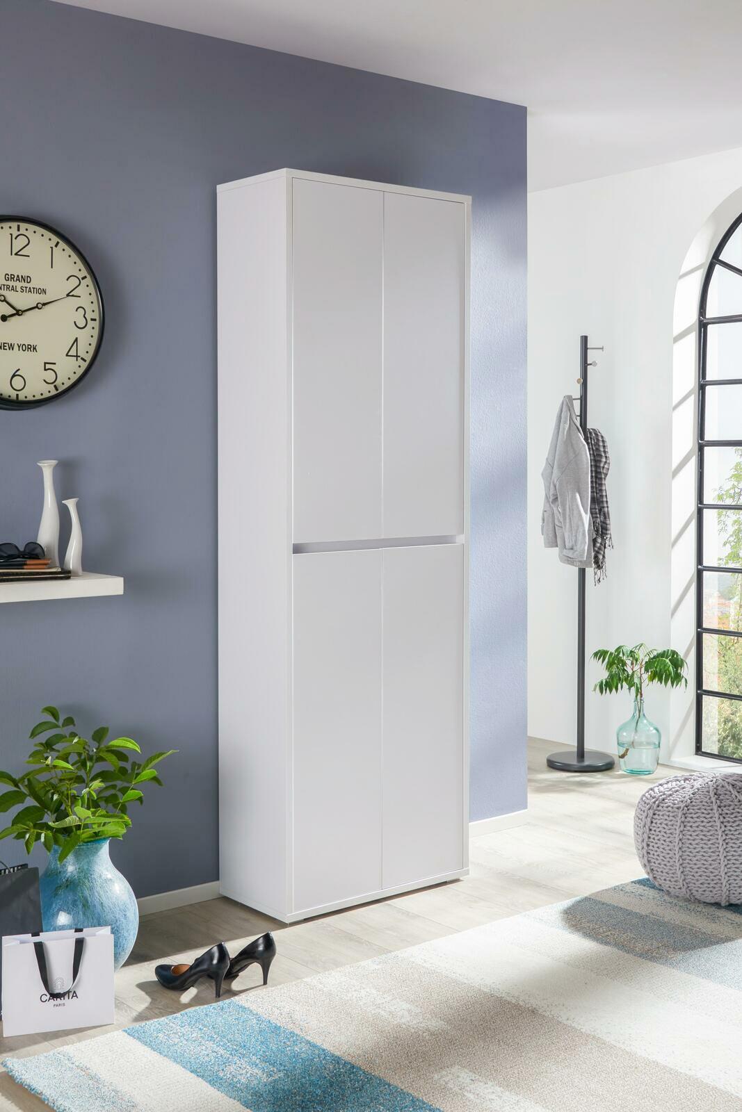 XORA XXL-Schuh-/Mehrzweckschrank LIV Weißer Schuhschrank in einem modernen Raum, seitliche Perspektive