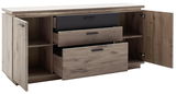 Holz-Sideboard mit geöffneter Perspektive, zeigt Schubladen und Fächer