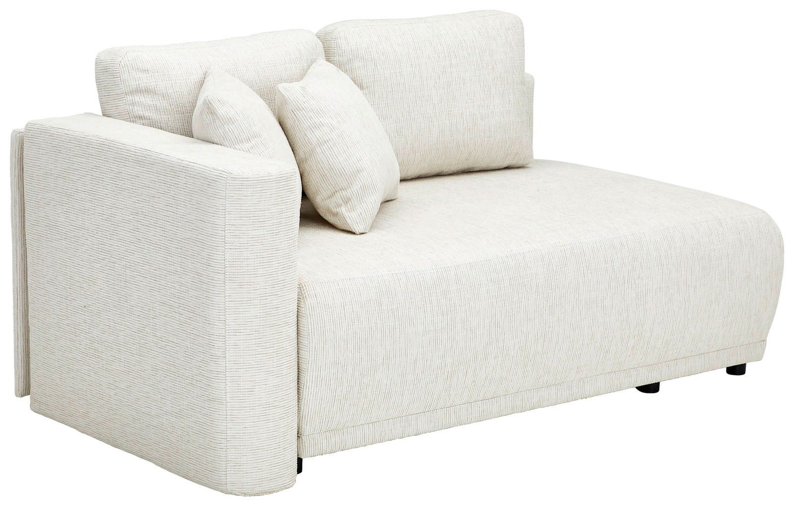 Beige Recamiere mit zwei Rückenkissen und einem Seitenkissen, seitliche Perspektive