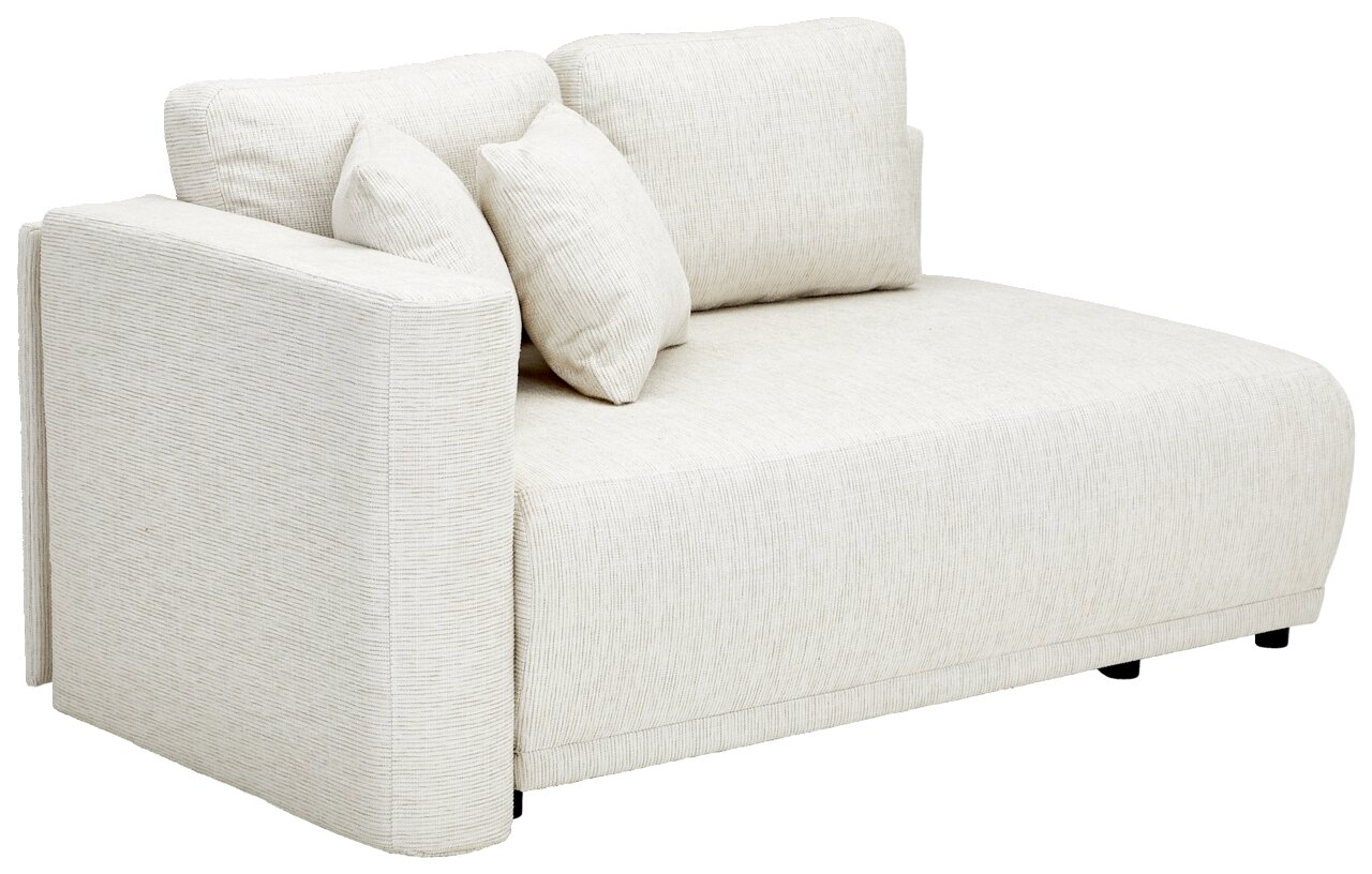 Beige Recamiere mit zwei Rückenkissen und einem Seitenkissen, seitliche Perspektive