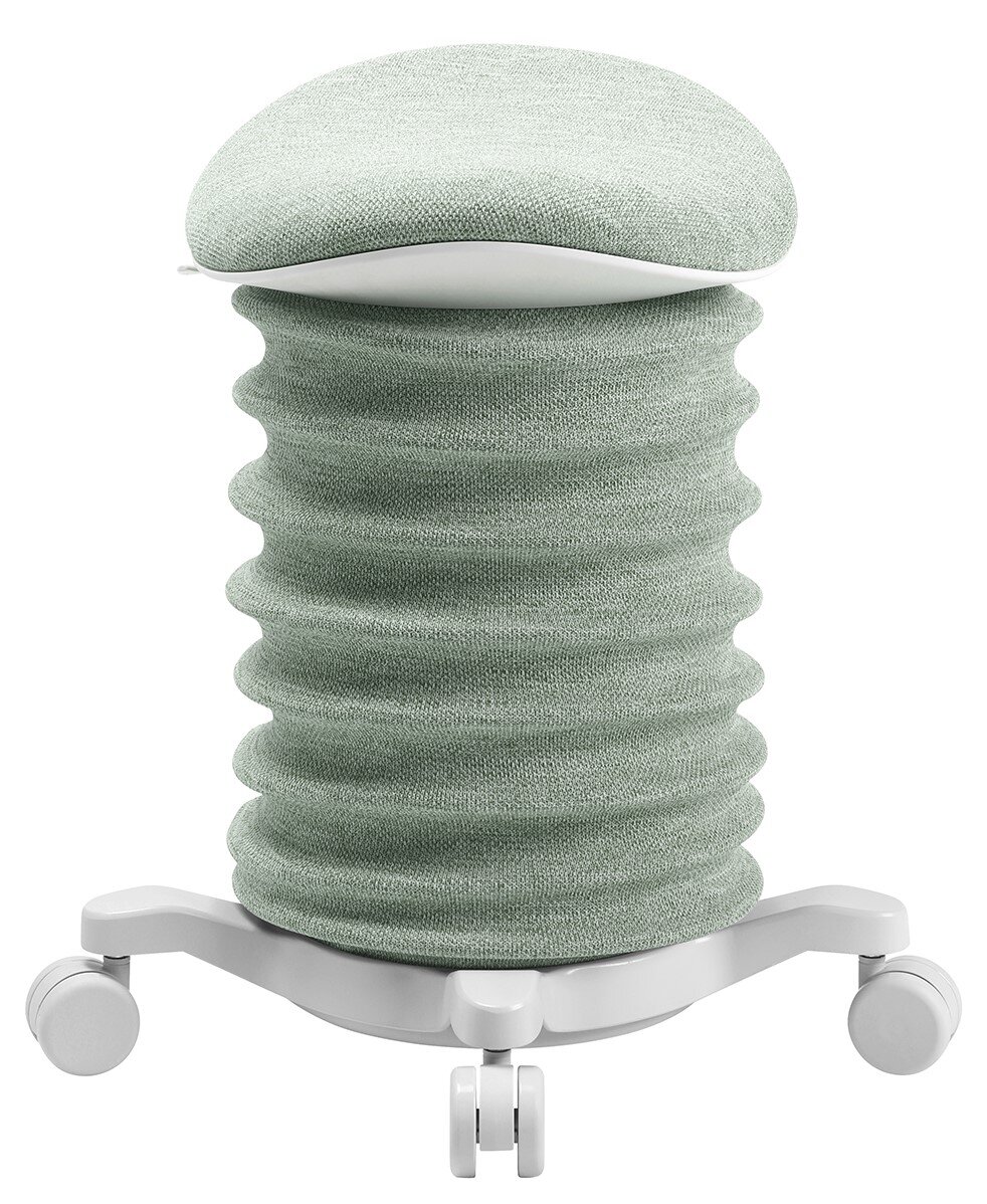 Frontalansicht eines modernen Aktiv-Sitzes mit wellenförmigem, gepolstertem Design und Rollen.