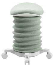 Frontalansicht eines modernen Aktiv-Sitzes mit wellenförmigem, gepolstertem Design und Rollen.