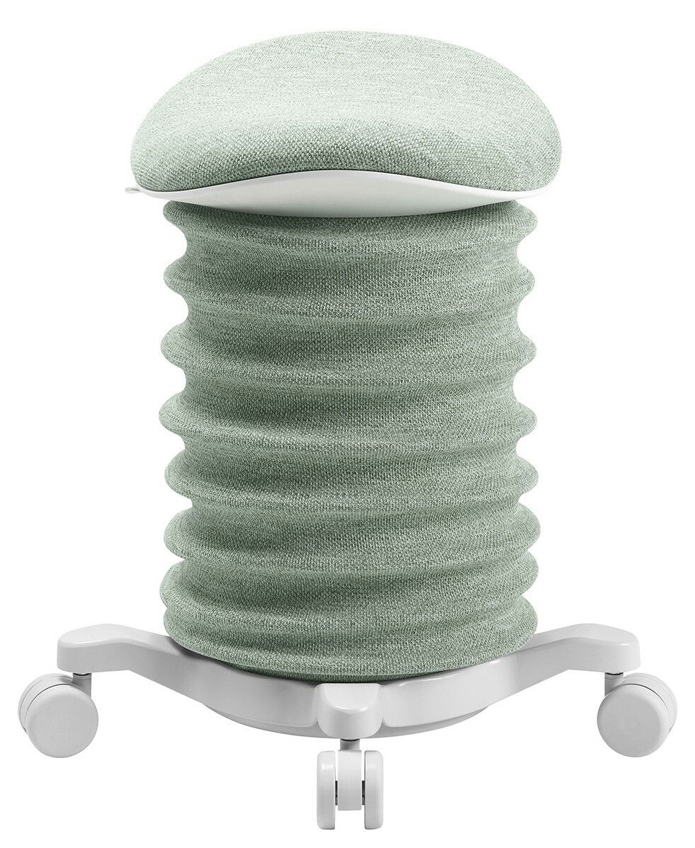 Frontalansicht eines modernen Aktiv-Sitzes mit wellenförmigem, gepolstertem Design und Rollen.