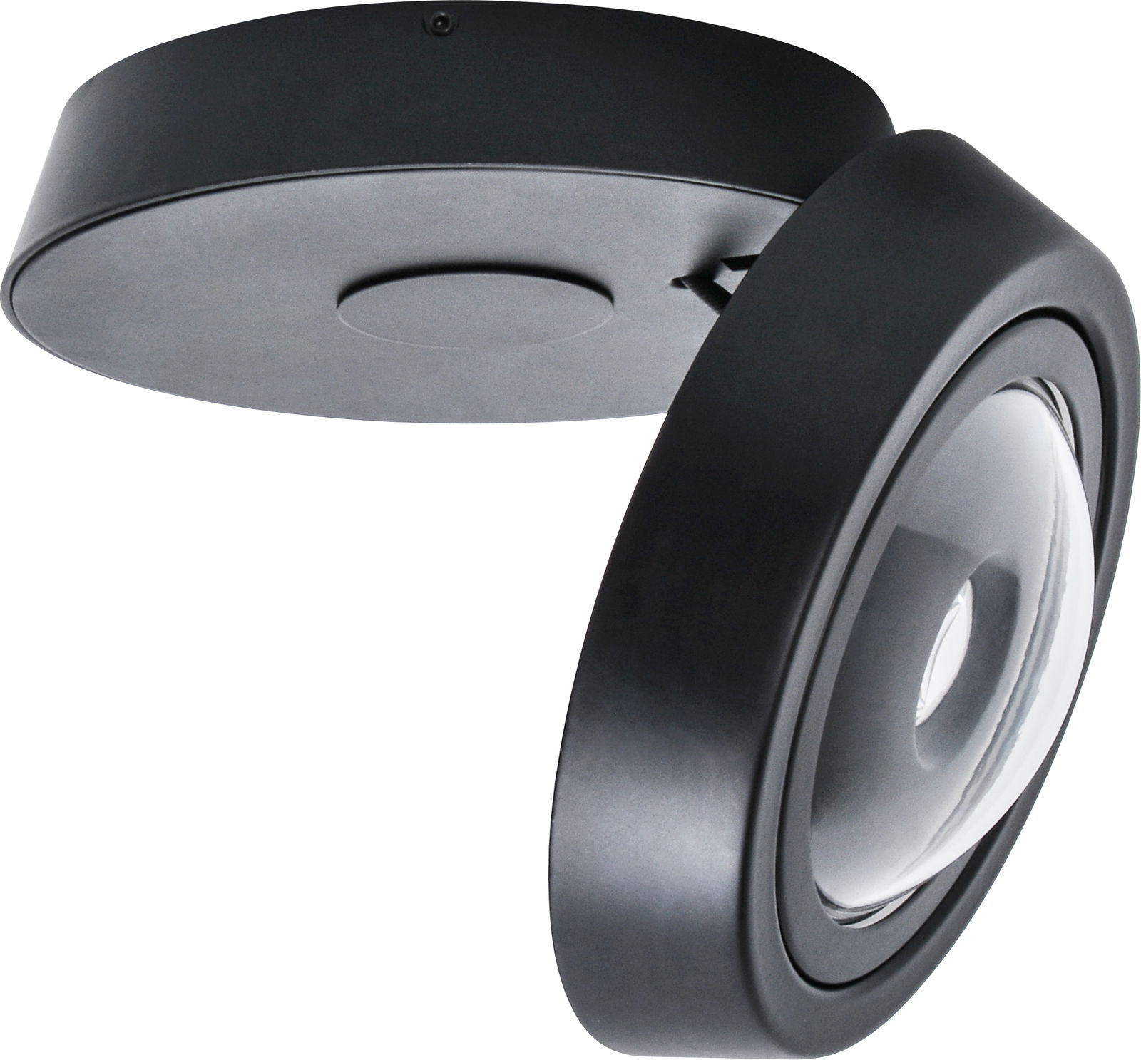 Megatron LED-Deckenleuchte SOLO MOVIMENTO Schwarze LED-Deckenleuchte SOLO MOVIMENTO in seitlicher Perspektive mit modernem, rundem Design.