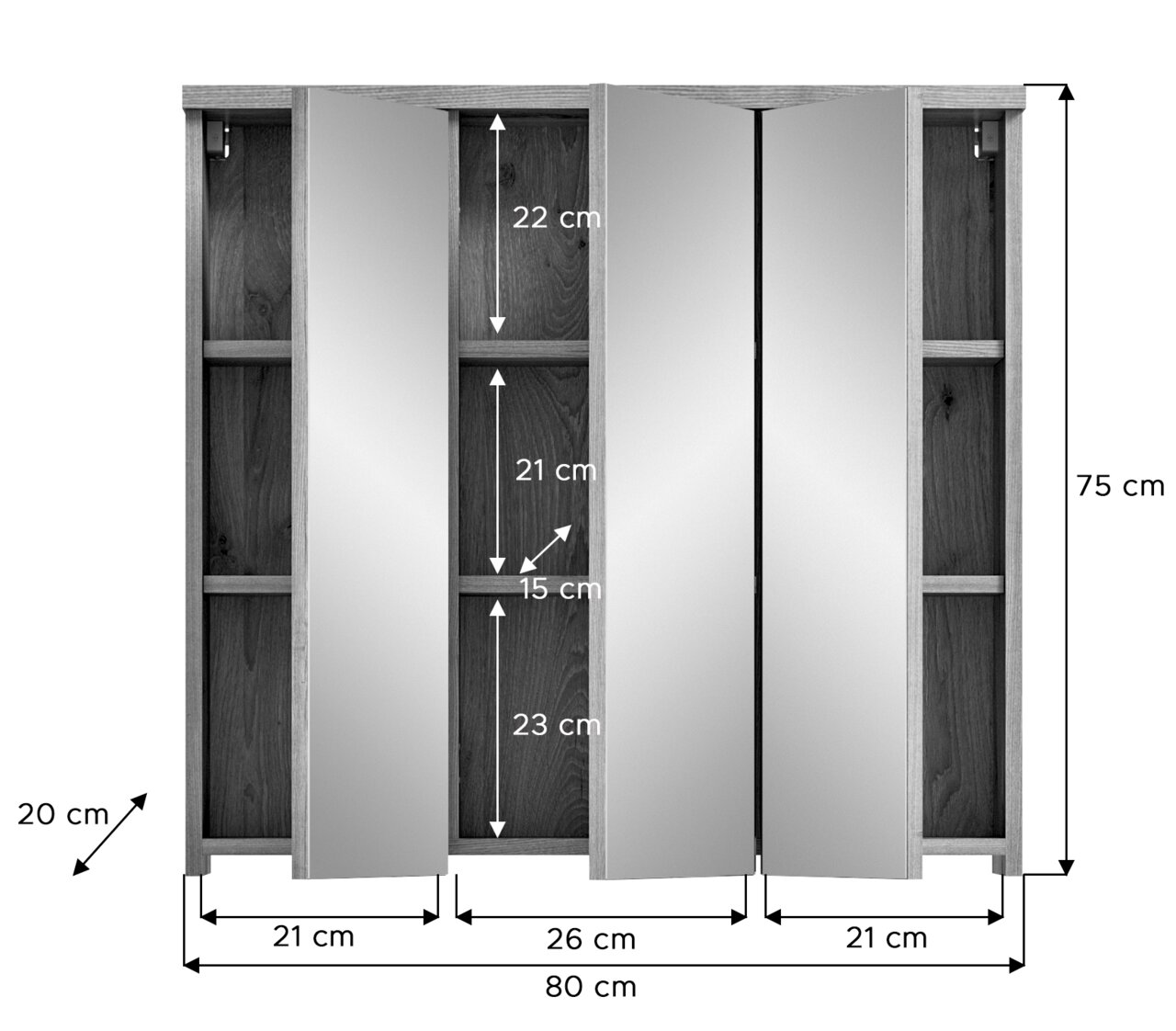 Spiegelschrank mit drei Türen, Holzoptik, Maße 80 cm Breite, 75 cm Höhe, 20 cm Tiefe, Frontansicht