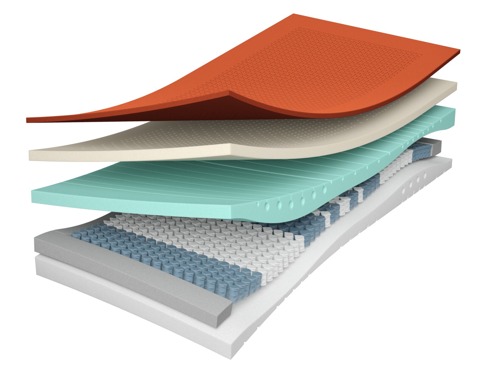 Explosieweergave vanuit schuin bovenaanzicht van een meerlaags matras met pocketveren, schuimlagen en een oranje geperforeerde toplaag