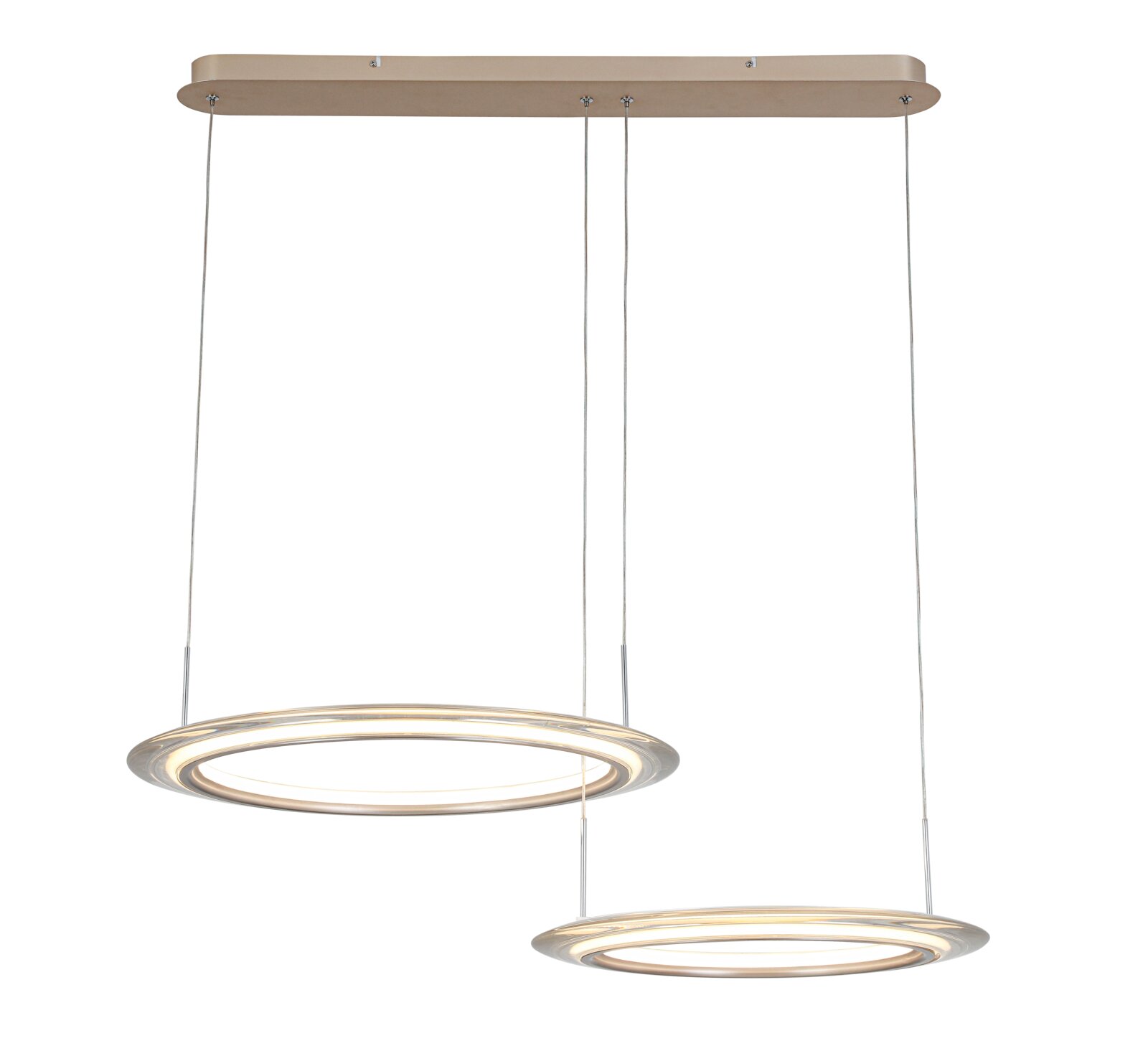 Moderne LED-hanglamp met twee ringvormige lichtelementen, zijaanzicht