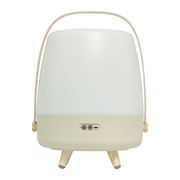 Frontansicht einer tragbaren Lampe mit Holzfüßen und einem Griff, beige und weiß, mit Bedienelementen an der Vorderseite.