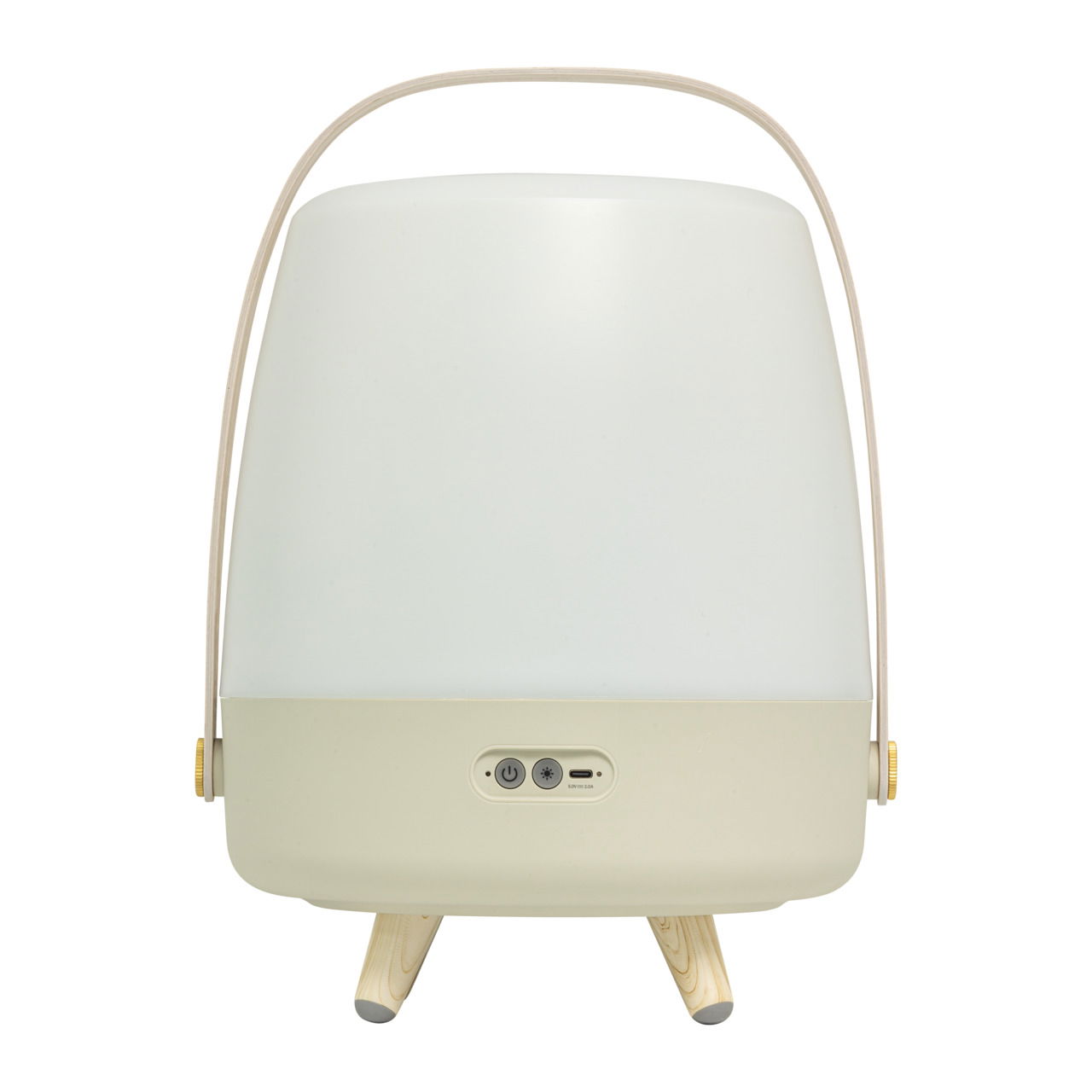 Frontansicht einer tragbaren Lampe mit Holzfüßen und einem Griff, beige und weiß, mit Bedienelementen an der Vorderseite.