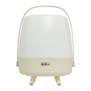 Vooraanzicht van een draagbare lamp met houten voetjes en een handvat, beige en wit, met bedieningsknoppen aan de voorkant.