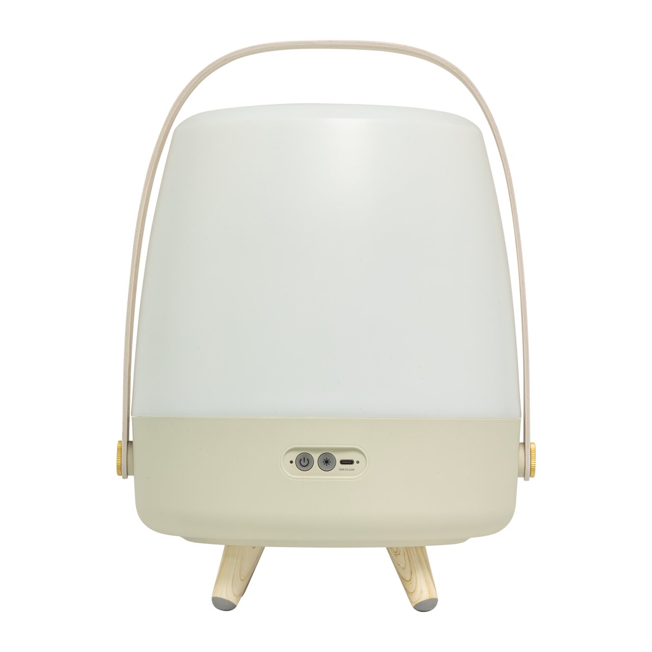 Vooraanzicht van een draagbare lamp met houten voetjes en een handvat, beige en wit, met bedieningsknoppen aan de voorkant.