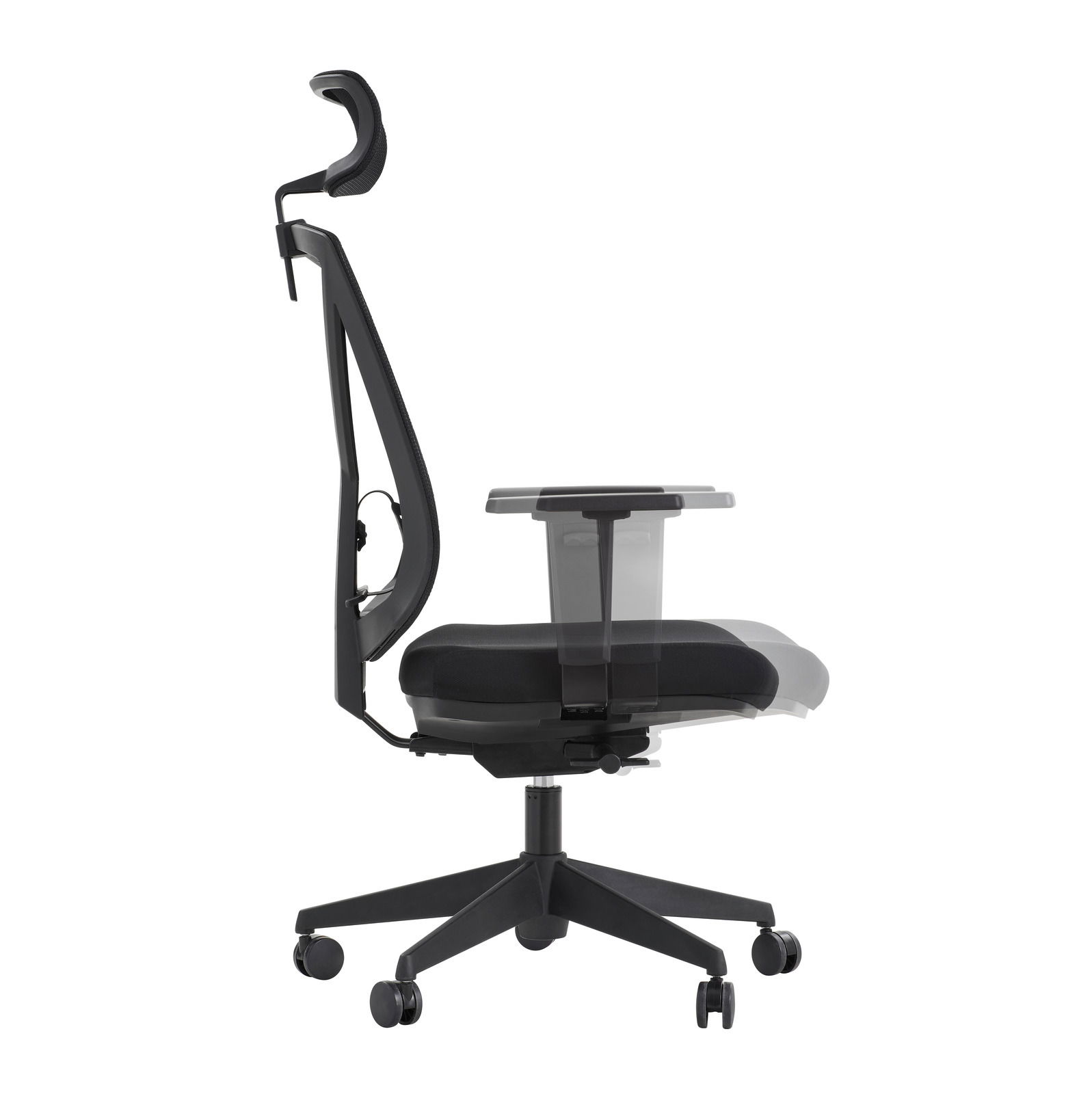 Moderner schwarzer Drehstuhl mit verstellbarer Rückenlehne und Armlehnen, Seitenansicht.