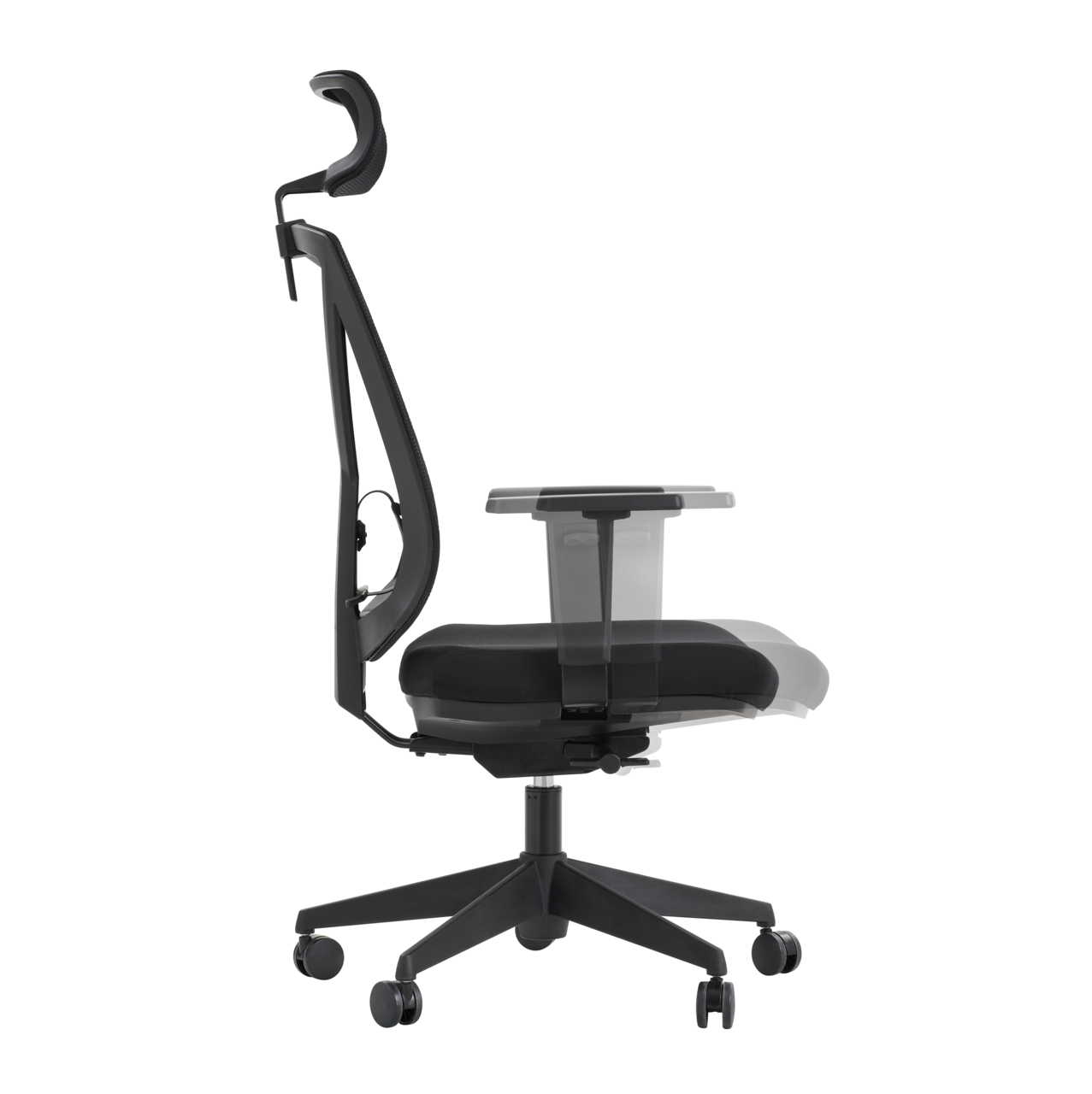 Moderner schwarzer Drehstuhl mit verstellbarer Rückenlehne und Armlehnen, Seitenansicht.