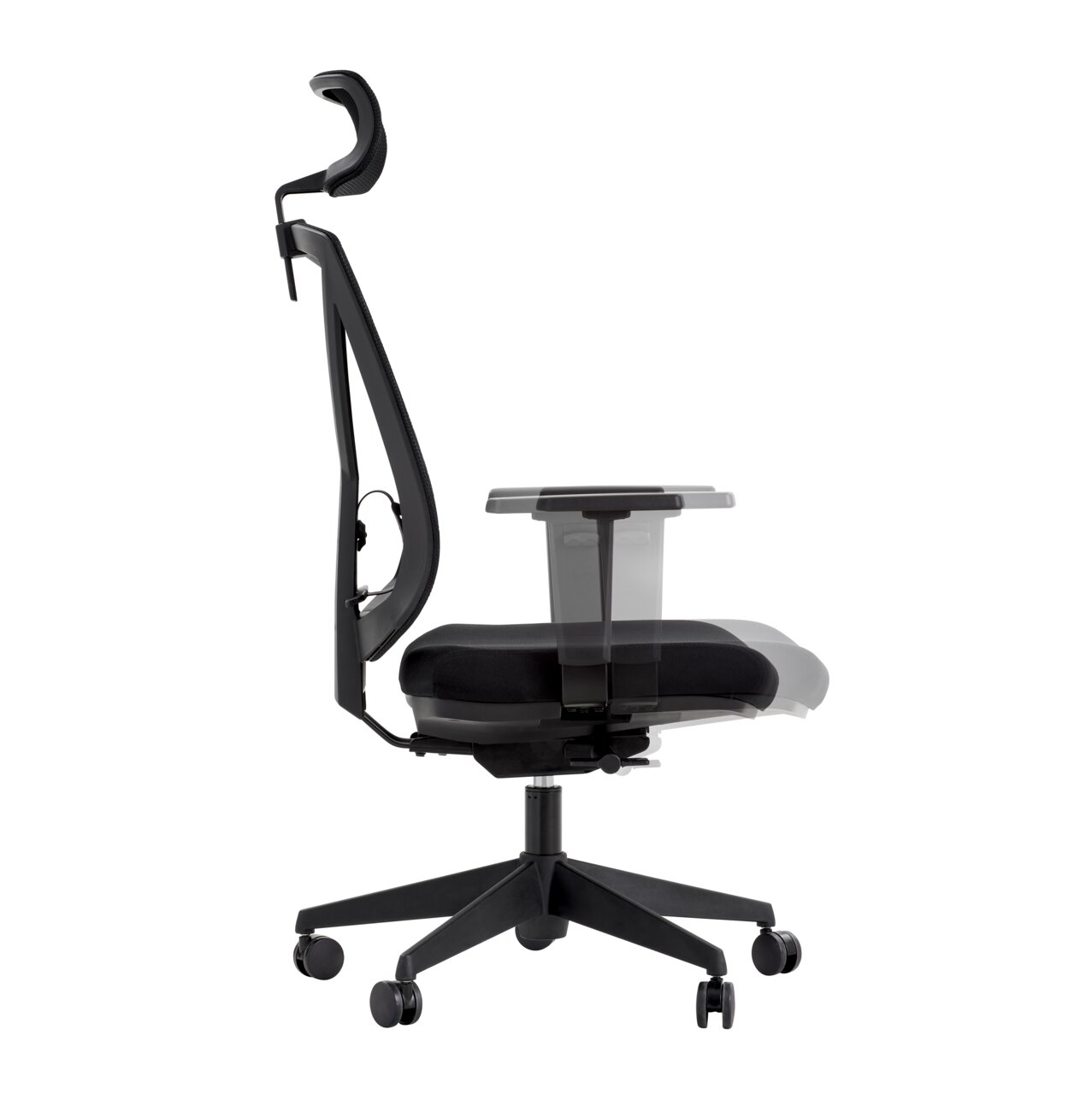 Moderner schwarzer Drehstuhl mit verstellbarer Rückenlehne und Armlehnen, Seitenansicht.