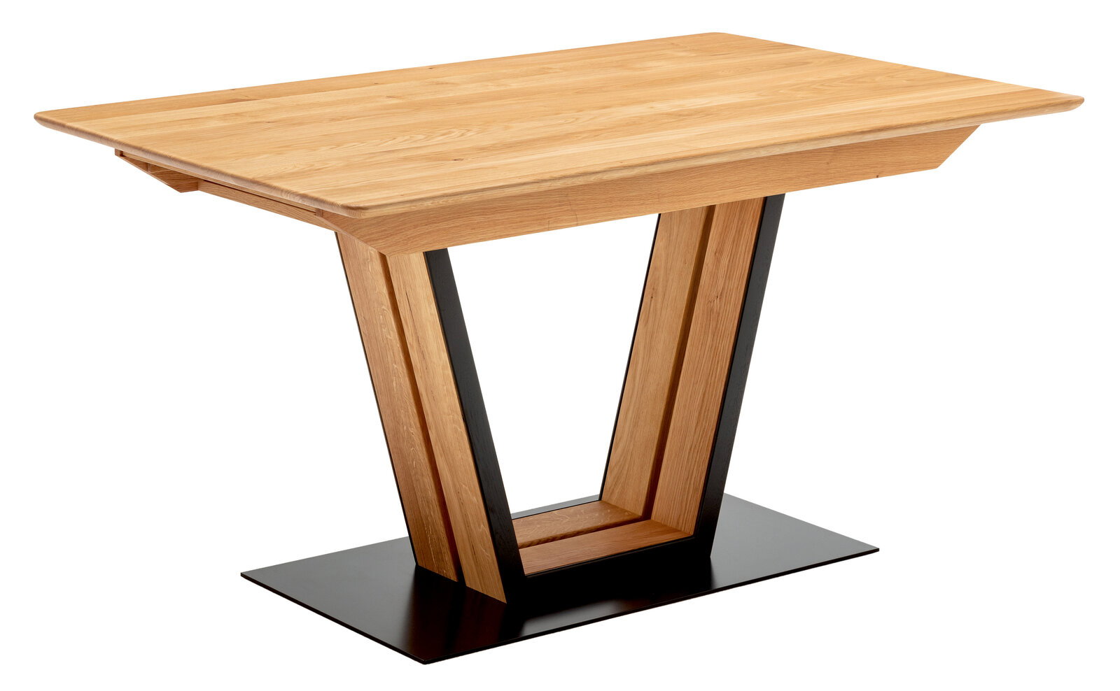 Moderner Esstisch aus Holz mit V-förmigem Gestell und schwarzer Bodenplatte, seitliche Perspektive