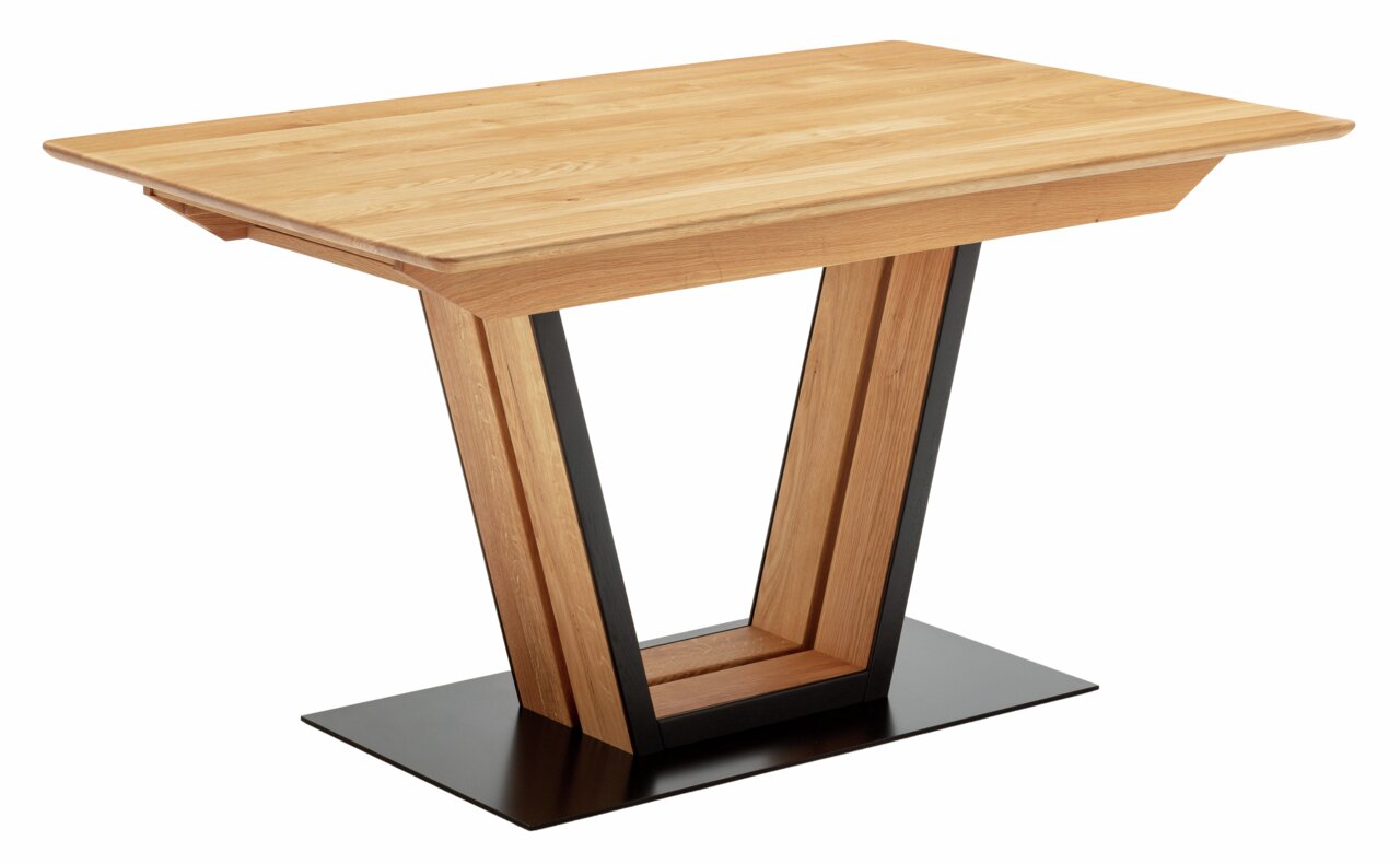 Moderner Esstisch aus Holz mit V-förmigem Gestell und schwarzer Bodenplatte, seitliche Perspektive