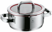 Topf aus Edelstahl mit Glasdeckel und rotem Silikonring, seitliche Perspektive