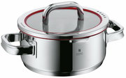 Topf aus Edelstahl mit Glasdeckel und rotem Silikonring, seitliche Perspektive