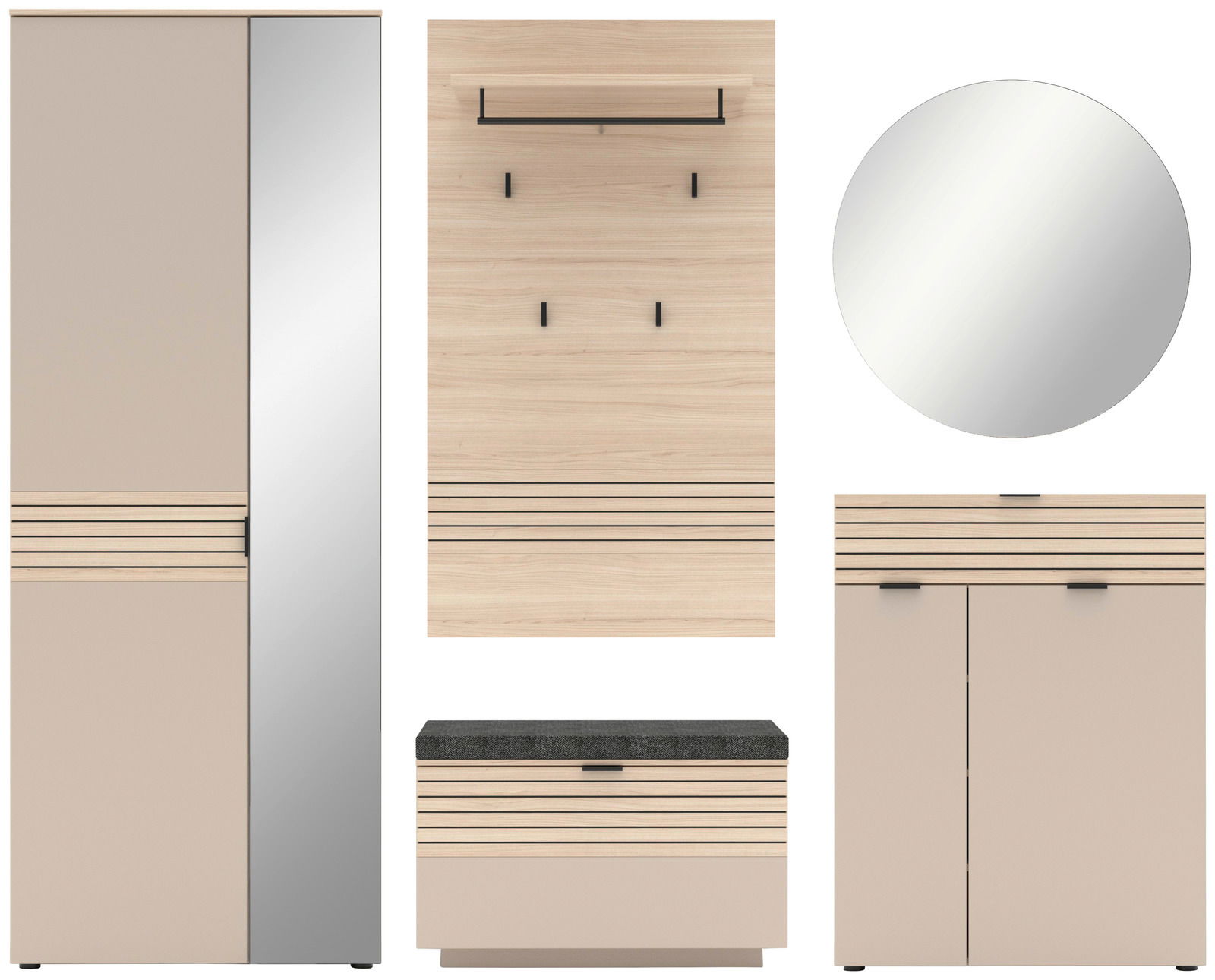 Voleo Garderoben-Set 5-tlg. INA Garderoben-Set 5-tlg. in moderner Holzoptik mit Spiegel, Schrank, Hakenleiste, Schuhbank und Kommode, frontale Ansicht