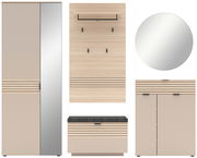 Garderoben-Set 5-tlg. in moderner Holzoptik mit Spiegel, Schrank, Hakenleiste, Schuhbank und Kommode, frontale Ansicht