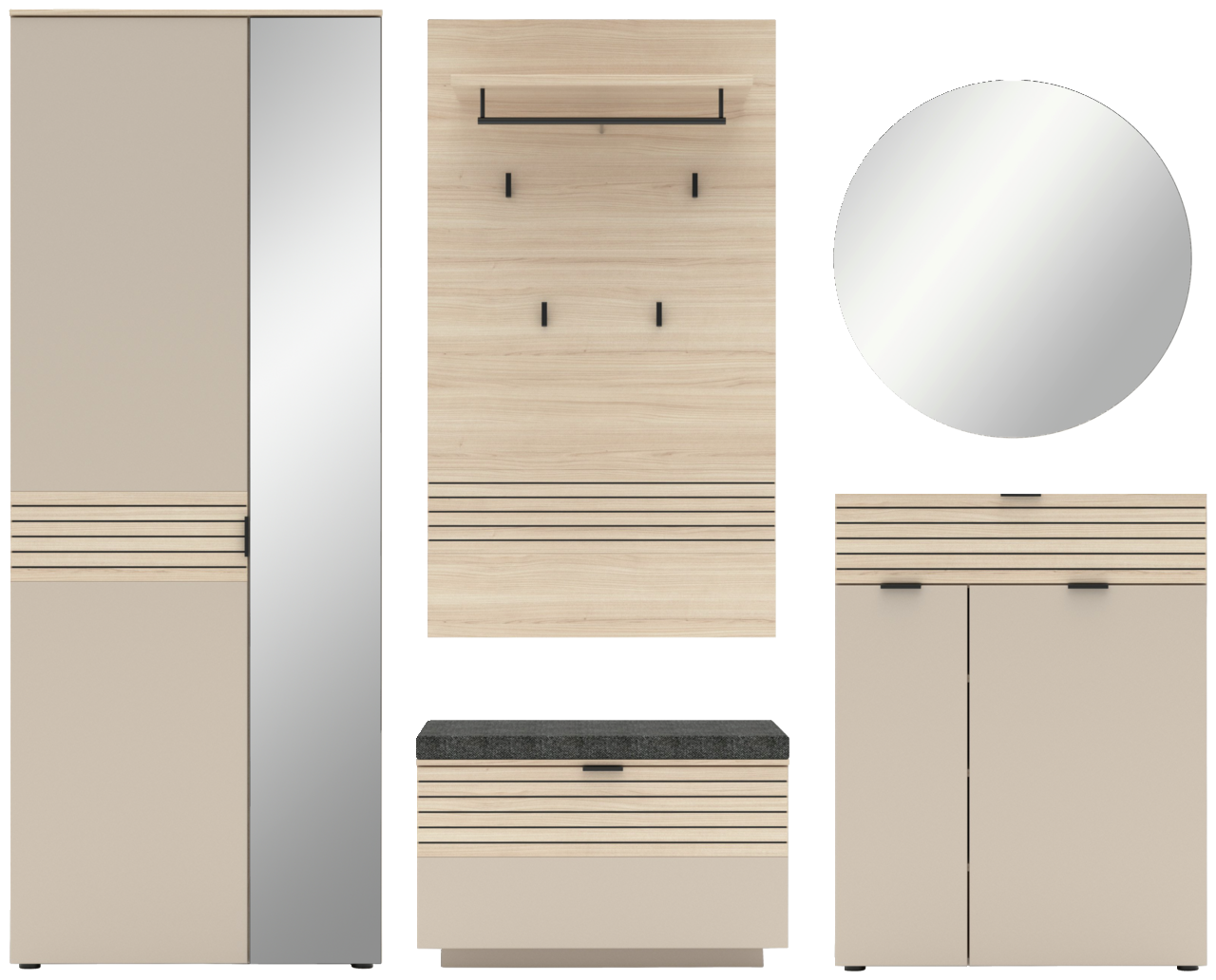 Voleo Garderoben-Set 5-tlg. INA Garderoben-Set 5-tlg. in moderner Holzoptik mit Spiegel, Schrank, Hakenleiste, Schuhbank und Kommode, frontale Ansicht