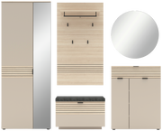 Garderoben-Set 5-tlg. in moderner Holzoptik mit Spiegel, Schrank, Hakenleiste, Schuhbank und Kommode, frontale Ansicht