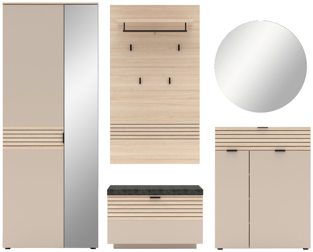 Voleo Garderoben-Set 5-tlg. INA Garderoben-Set 5-tlg. in moderner Holzoptik mit Spiegel, Schrank, Hakenleiste, Schuhbank und Kommode, frontale Ansicht