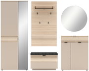 Garderoben-Set 5-tlg. in moderner Holzoptik mit Spiegel, Schrank, Hakenleiste, Schuhbank und Kommode, frontale Ansicht
