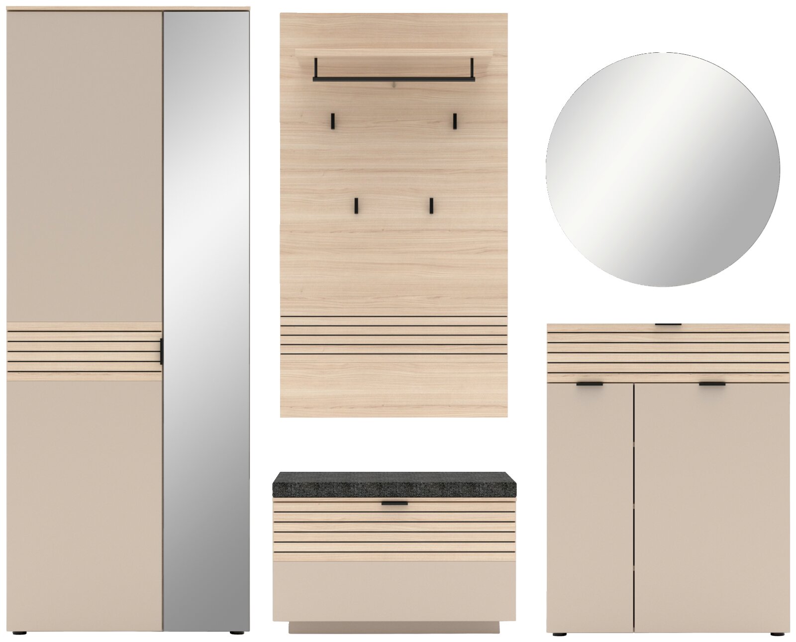 Garderoben-Set 5-tlg. in moderner Holzoptik mit Spiegel, Schrank, Hakenleiste, Schuhbank und Kommode, frontale Ansicht