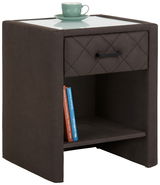 Nachtkommode in dunklem Stoff mit Glasplatte, Schublade und Ablagefach, seitliche Perspektive