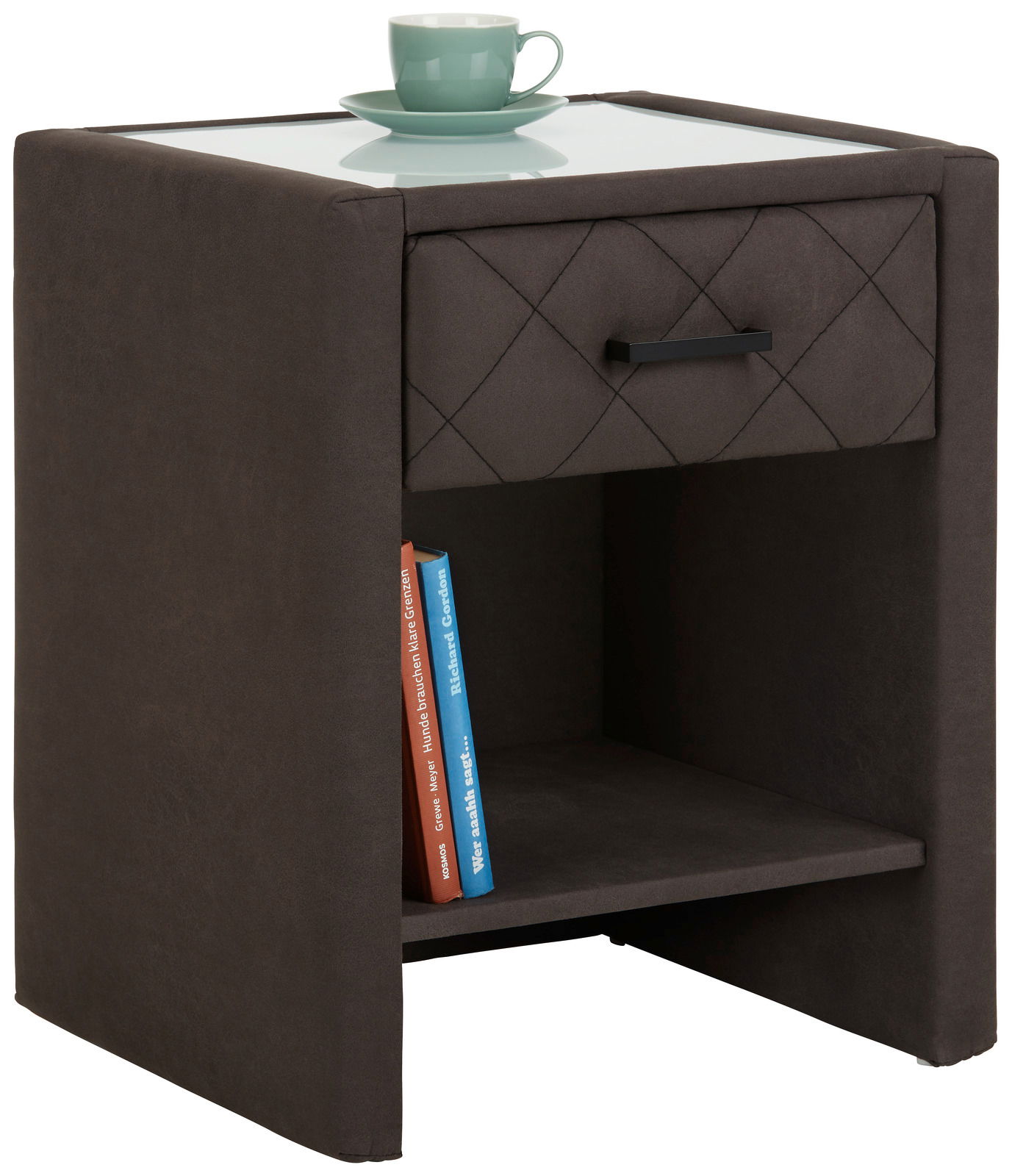 Nachtkommode in dunklem Stoff mit Glasplatte, Schublade und Ablagefach, seitliche Perspektive