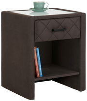 Nachtkommode in dunklem Stoff mit Glasplatte, Schublade und Ablagefach, seitliche Perspektive